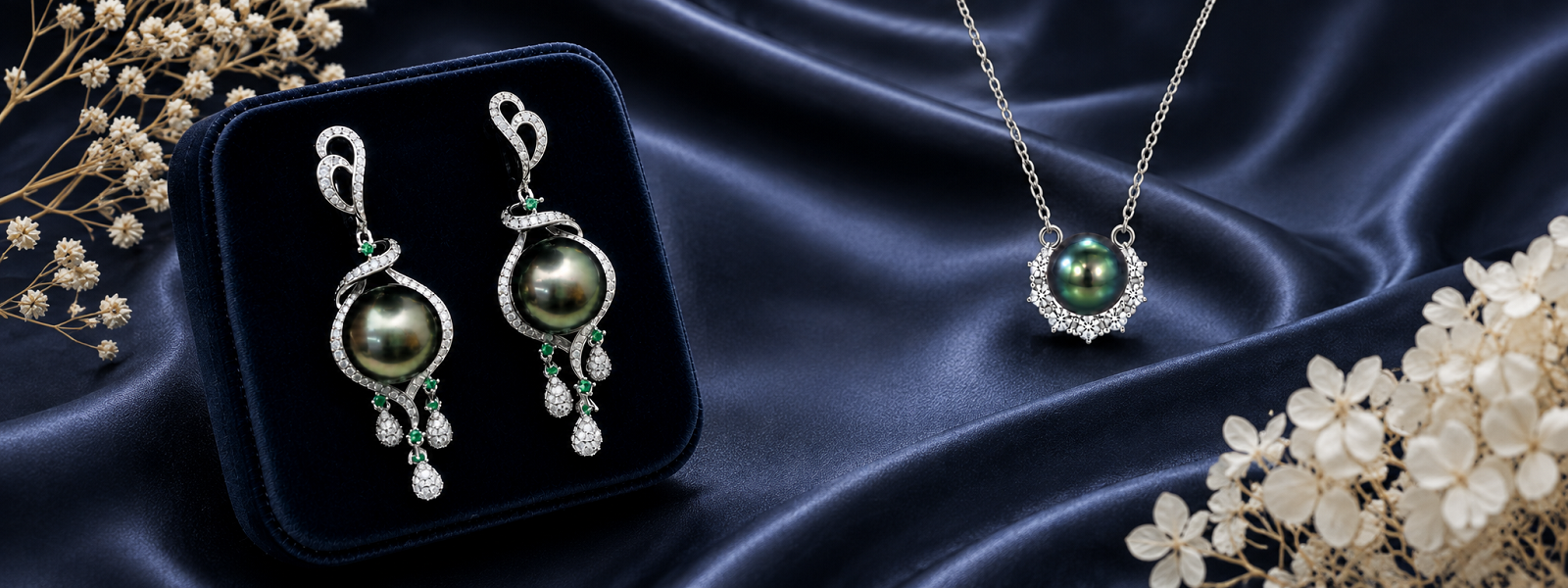 Tahitian pearl necklace and matching pearl earrings in an editorial composition